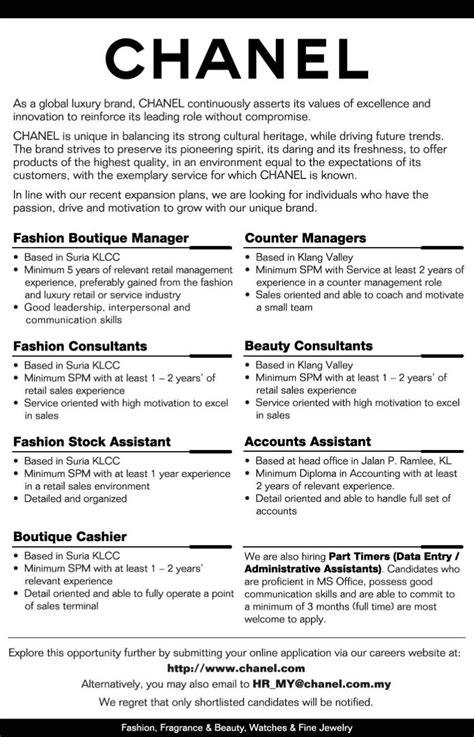 chanel job requirements|Chanel job description.